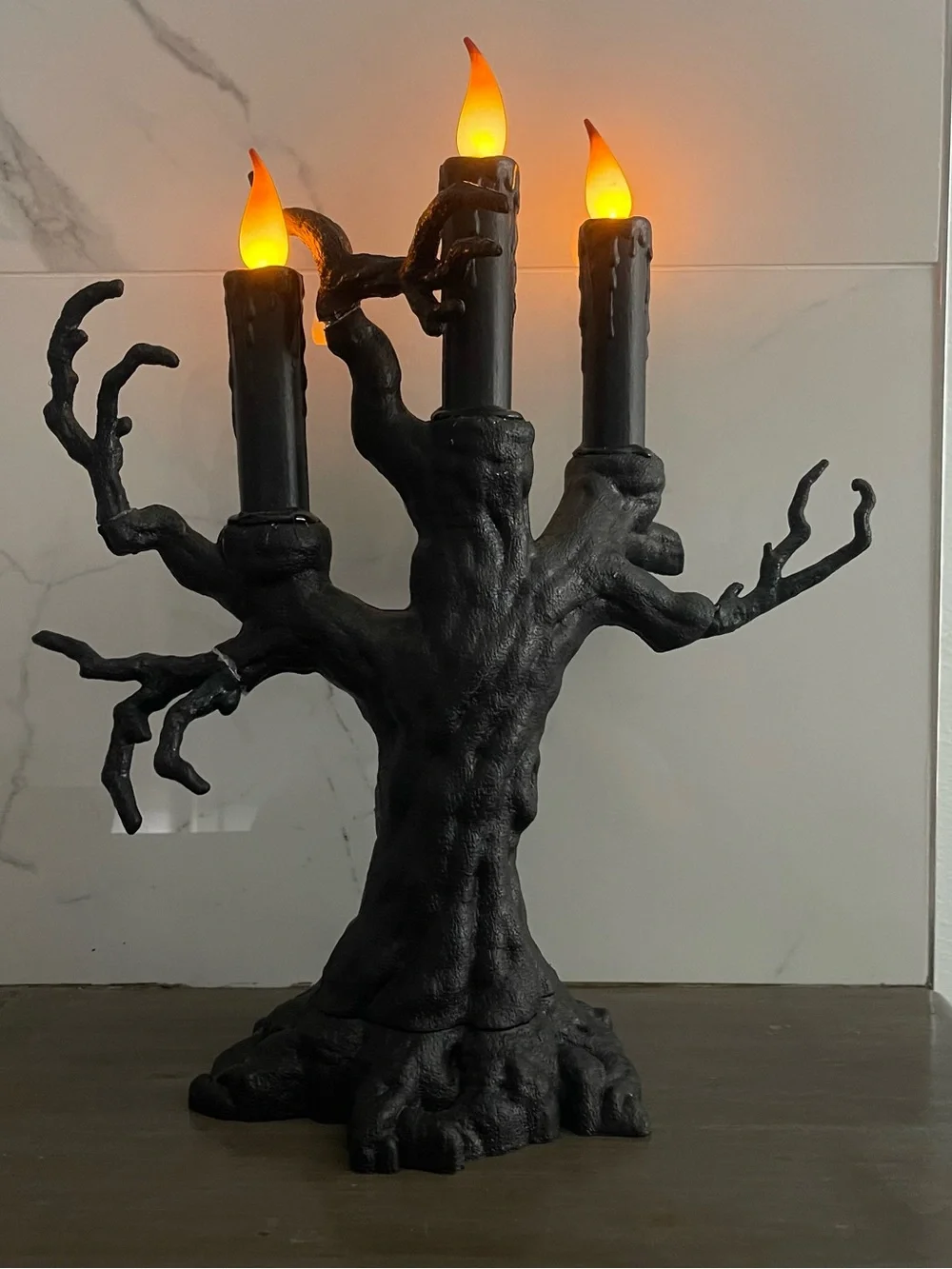 Spooky Black Gnarled Tree Candelabra flickering 3 LED Candles Halloween Decor